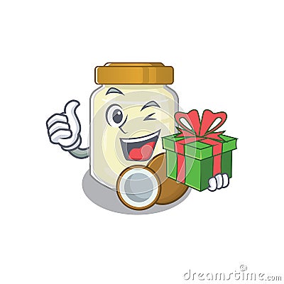 Happy coconut butter character having a gift box Vector Illustration