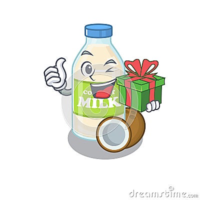 Happy coconut milk character having a gift box Vector Illustration