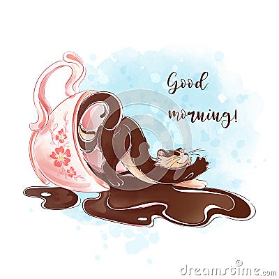 A happy coffee cat wakes up in the morning and comes out of a pink coffee cup. Vector Illustration