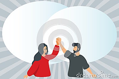 Happy Colleagues Illustration With Speech Bubble Giving High Fives To Each Other S Showing Success. Teammates With Vector Illustration