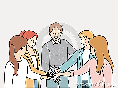 Happy colleagues stack hands involved in teambuilding Vector Illustration