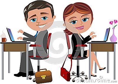 Happy Colleagues Working at Office Desk Vector Illustration