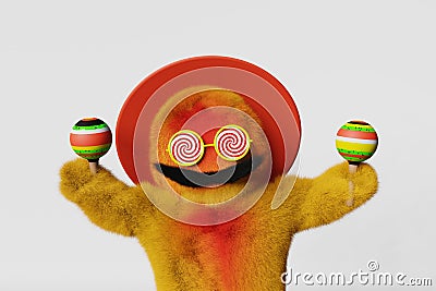 Happy colorful furry Yeti Mexican sombrero hat mustache maracas dancing 3d rendering Cinco de Mayo advertising banner Stock Photo