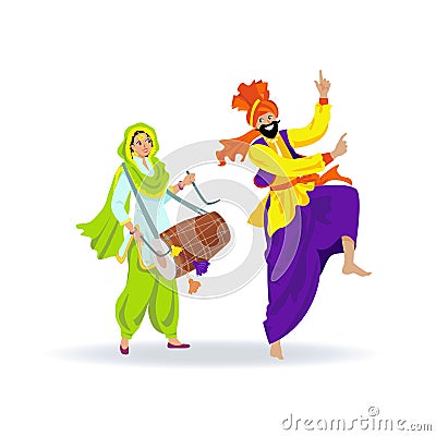 Happy colorful Sikh couple, girl playing dhol drum and bearded man in turban dancing bhangra Vector Illustration