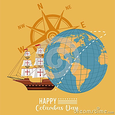 Happy columbus day celebration with sailboat and compass Vector Illustration