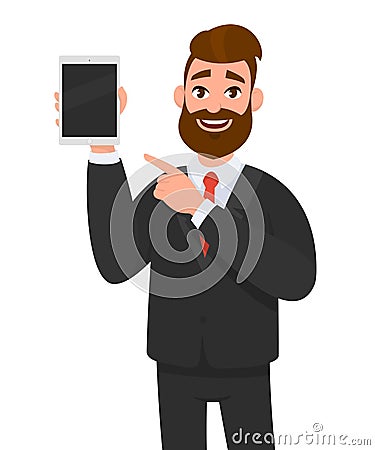 Happy confident business man showing a blank screen tablet computer and pointing towards it. Vector Illustration