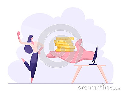 Happy Confident Business Woman Demonstrate Muscles Receive Money from Hand at Computer Monitor. Internet Earning Vector Illustration