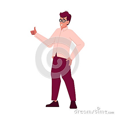 Happy Confident Man Show Thumb Up. Satisfied Successful Male Character Show Approval Hand Gesture And Express Confidence Vector Illustration