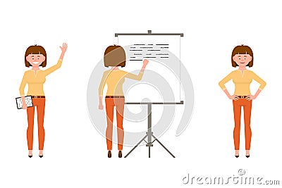 Happy, confident woman in orange pants vector illustration. Standing with notes, waving hello, writing on flipchart girl character Vector Illustration