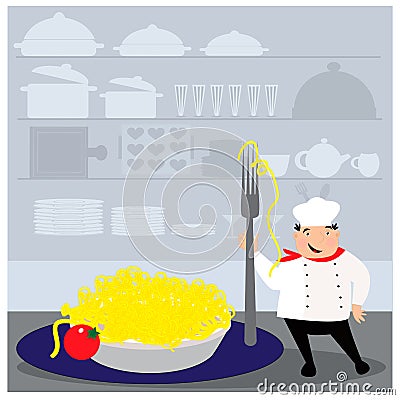 Happy cook with hat in uniform. Chef with pasta on plate. Vector Illustration