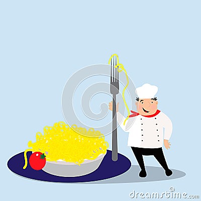 Happy cook with hat in uniform. Chef with pasta on plate. Vector Illustration