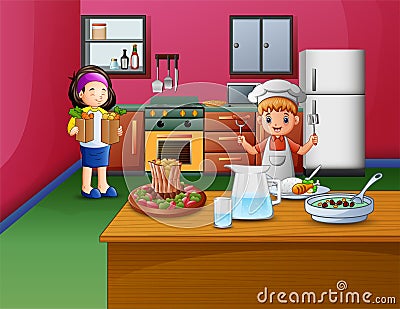 Happy cooking with sister and brother Vector Illustration