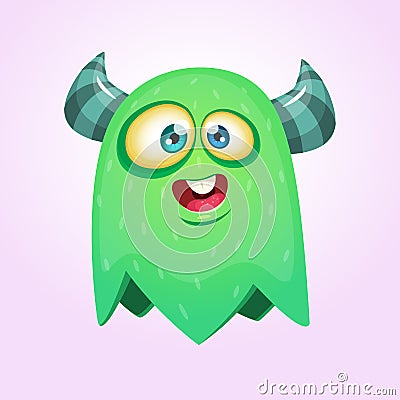 Happy cool cartoon fat flying monster with big eyes. Green and horned vector monster character. Vector Illustration