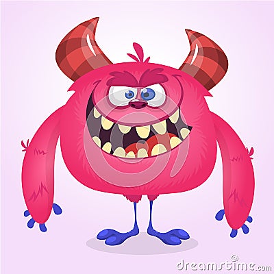 Happy cool cartoon fat monster. Pink and horned vector monster mascot. Vector Illustration