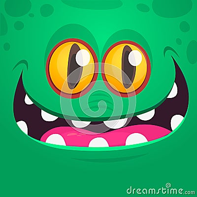 Happy cool cartoon monster face. Vector Halloween green zombie or monster character. Vector Illustration