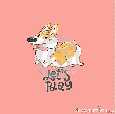 Happy Corgi Dog Character Run Vector Illustration. Funny Small Puppy Animal Play Open Mouth Show Tongue Typography Print Vector Illustration