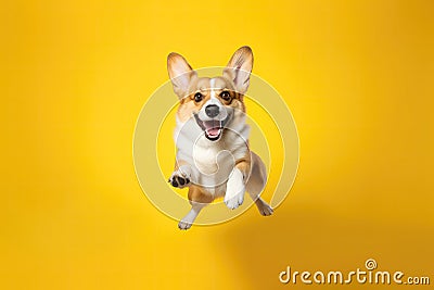 Happy Corgi Dog In Jumping, In Flight On Yellow Background. Generative AI Stock Photo