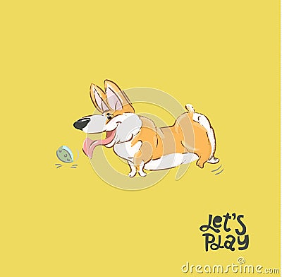 Happy Corgi Dog Play Ball Vector Illustration. Silly Puppy Character Animal Run Typography Print Poster. Fluffy Orange Vector Illustration