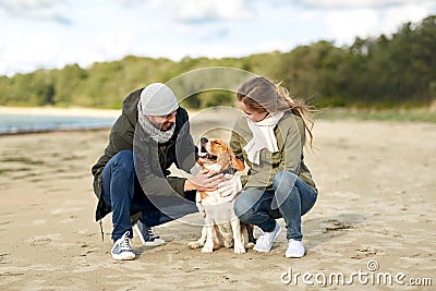 Happy couple with beagle dog on autumn beach Stock Photo