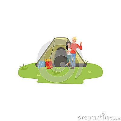 Happy couple camping in nature with fire in front of the tent, traveling and relaxing concept, summer vacations vector Vector Illustration