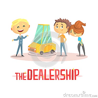Happy couple with car dealer in auto show or salon. Colorful character vector Illustration Vector Illustration