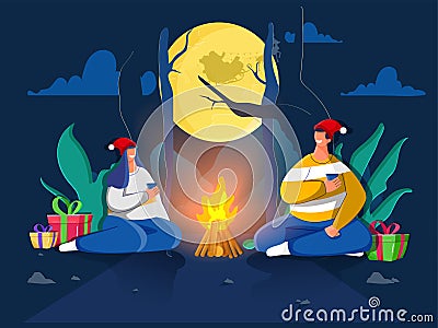Happy couple character enjoying drink with gift boxes and bonfire on full moon nature view background. Stock Photo