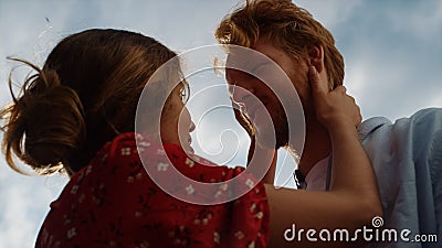 Happy couple dance portrait. Married lovers spend summer on nature sky sunlight. Stock Photo