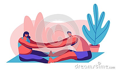 Happy Couple Doing Stretching Exercises in Gym. Man and Pregnant Woman Visit Parenting Classes, Young People Awaiting Baby Vector Illustration