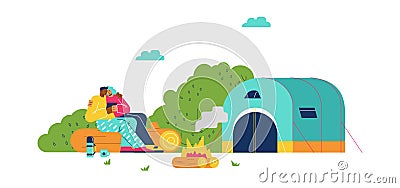 Happy couple drinking tea by the fire, camping or glamping concept, flat vector illustration isolated on white. Vector Illustration