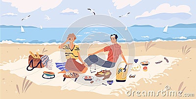 Happy couple drinking wine and eating at seaside. Young man and woman spending time together at picnic on sandy beach Vector Illustration