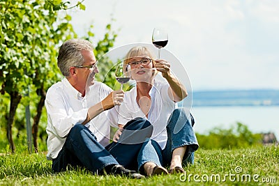 Happy couple drinking wine at lake in summer Stock Photo