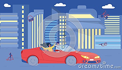 Happy Couple Driving Car on Night City Street Vector Illustration