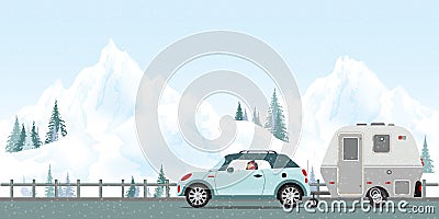 Happy couple driving car on road in winter. Vector Illustration