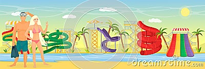 Happy couple enjoying water park attractions, flat vector illustration. Aquapark slides and rides. Summer beach activity Vector Illustration