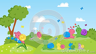Happy couple, family of snails on nature vector illustration. Cartoon smiling adult snails with children walk on Vector Illustration