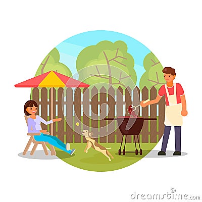 Happy couple having bbq party in backyard, flat vector illustration. Summer outdoor picnic, barbecue. Vector Illustration