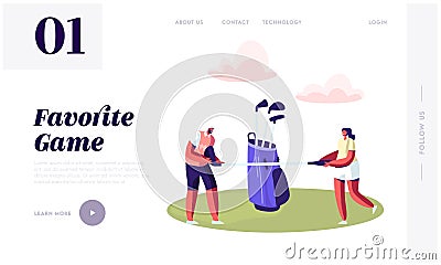 Happy Couple Holding Golf Club on Green Field Website Landing Page, Young Male and Female Characters Sports Weekend Vector Illustration