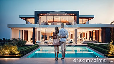 Happy couple home owners in front of house they bought. Concept of home ownership and happiness Stock Photo