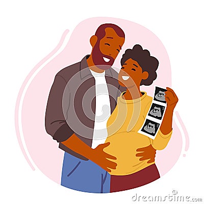 Happy Couple Of Husband And Wife Prepare Become Parents. Man Embracing Pregnant Woman With Ultrasound Image Vector Illustration