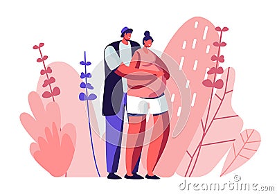Happy Couple of Husband and Wife Prepare Become Parents. Man Embracing Pregnant Woman with Big Belly. Young Family Vector Illustration