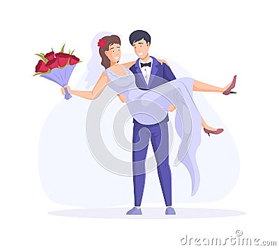 Happy couple just married in bridal apparel. Smiling bridegroom carrying bride with flowers bouquet Vector Illustration