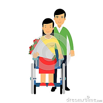 Happy couple in love, disabled woman in wheelchair with bouquet of flowers in her hands colorful Illustration Stock Photo