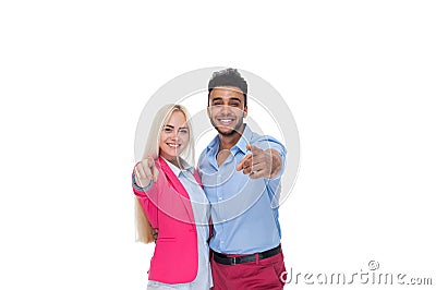 Happy Couple Love Excited Smiling Point Finger At You Gesture, Beautiful Young Man And Woman Smile Stock Photo