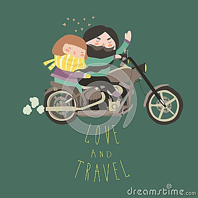 Happy couple in love riding a motorcycle Vector Illustration