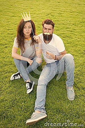 Happy couple in love. summer vacation. brutal bearded man with smiling girl. woman and male hipster relax. students Stock Photo