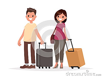 Happy couple with luggage on white background. A man and a woman Cartoon Illustration