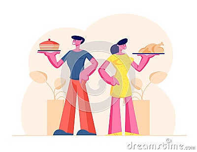 Happy Couple of Male and Female Characters Holding Trays with Home Food Bakery Cake and Fried Chicken Vector Illustration