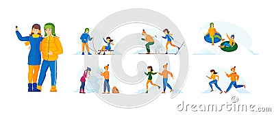 Happy couple outdoor winter activity set. Enamored pair man and woman warm clothes taking selfie Vector Illustration