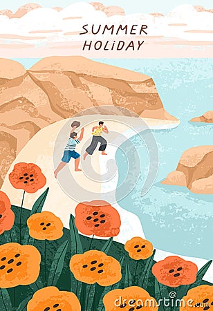 Happy couple on peaceful beach, seaside on summer holidays. Man and woman on sea coast on summertime vacations. Nature Vector Illustration