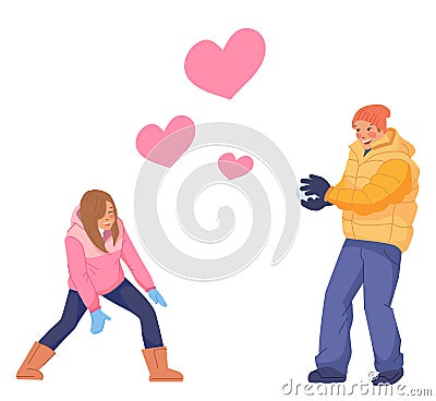 Happy couple playing snowballs. Romantic winter activity Vector Illustration